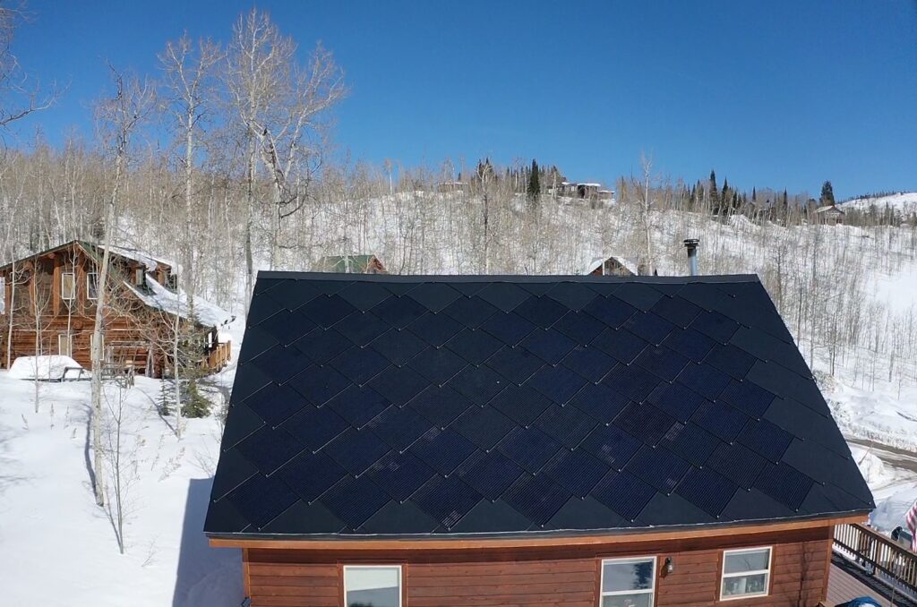 House with an interlocking SunStyle solar shingle roof.