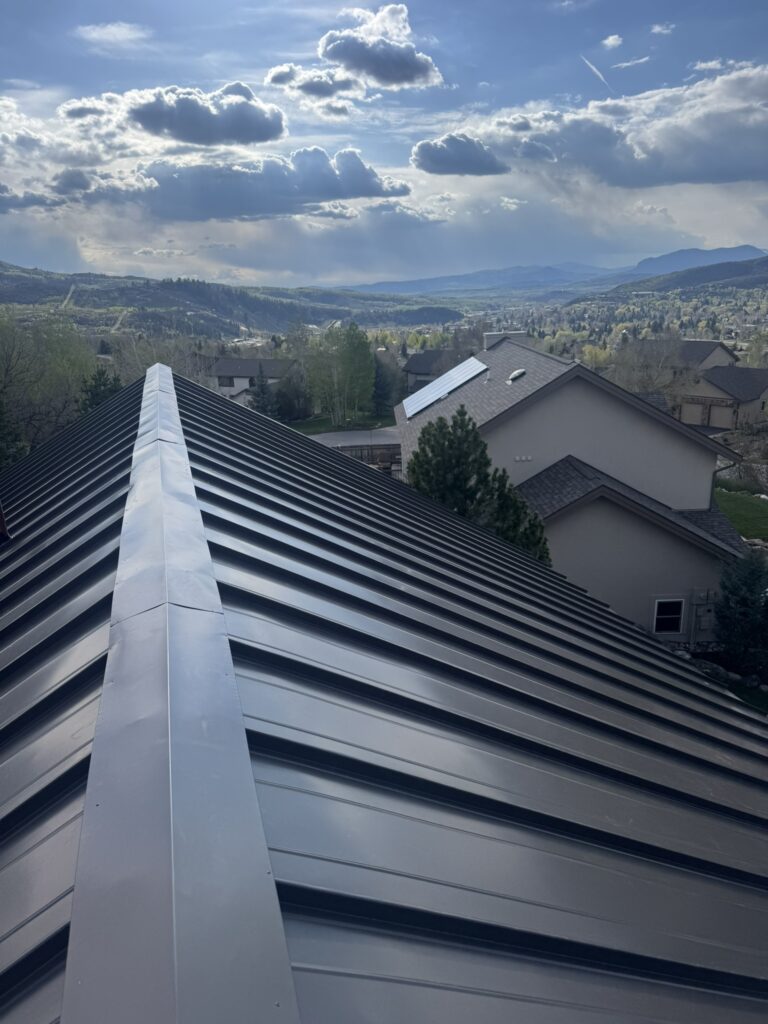 Close-up view of a dark metal roof showing standing seam ridges and snowy mountains in the background.